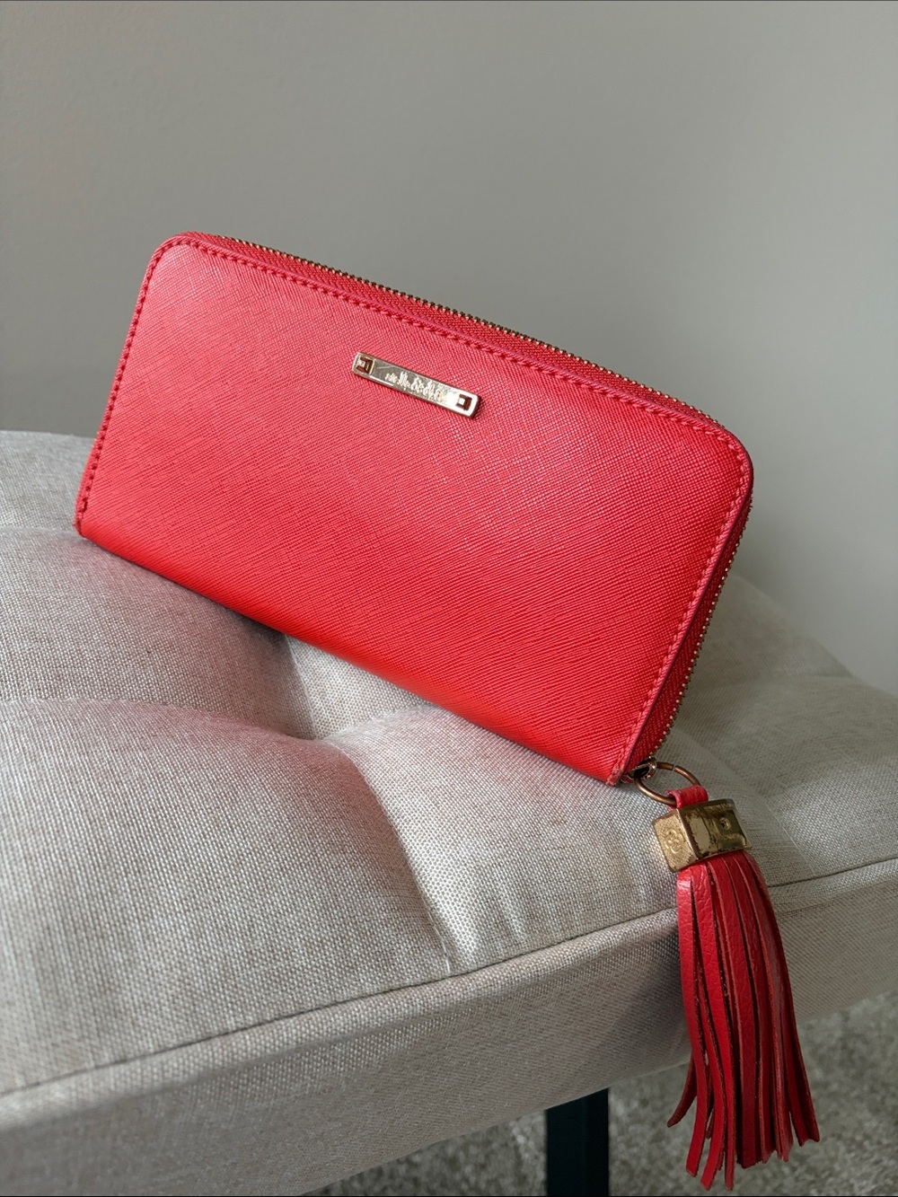 Stella & Dot Coral-Red Zip Wallet with Tassel